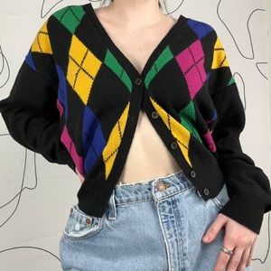 Vintage 90s Argyle Wool Blend Cardigan Sweater